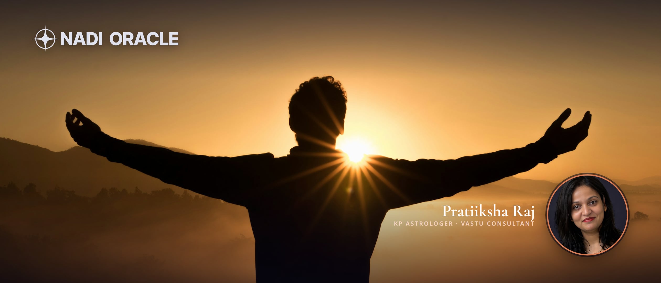 Silhouette of a person with open arms facing the sunrise over misty hills, with the Nadi Oracle logo and a portrait of Pratiiksha Raj